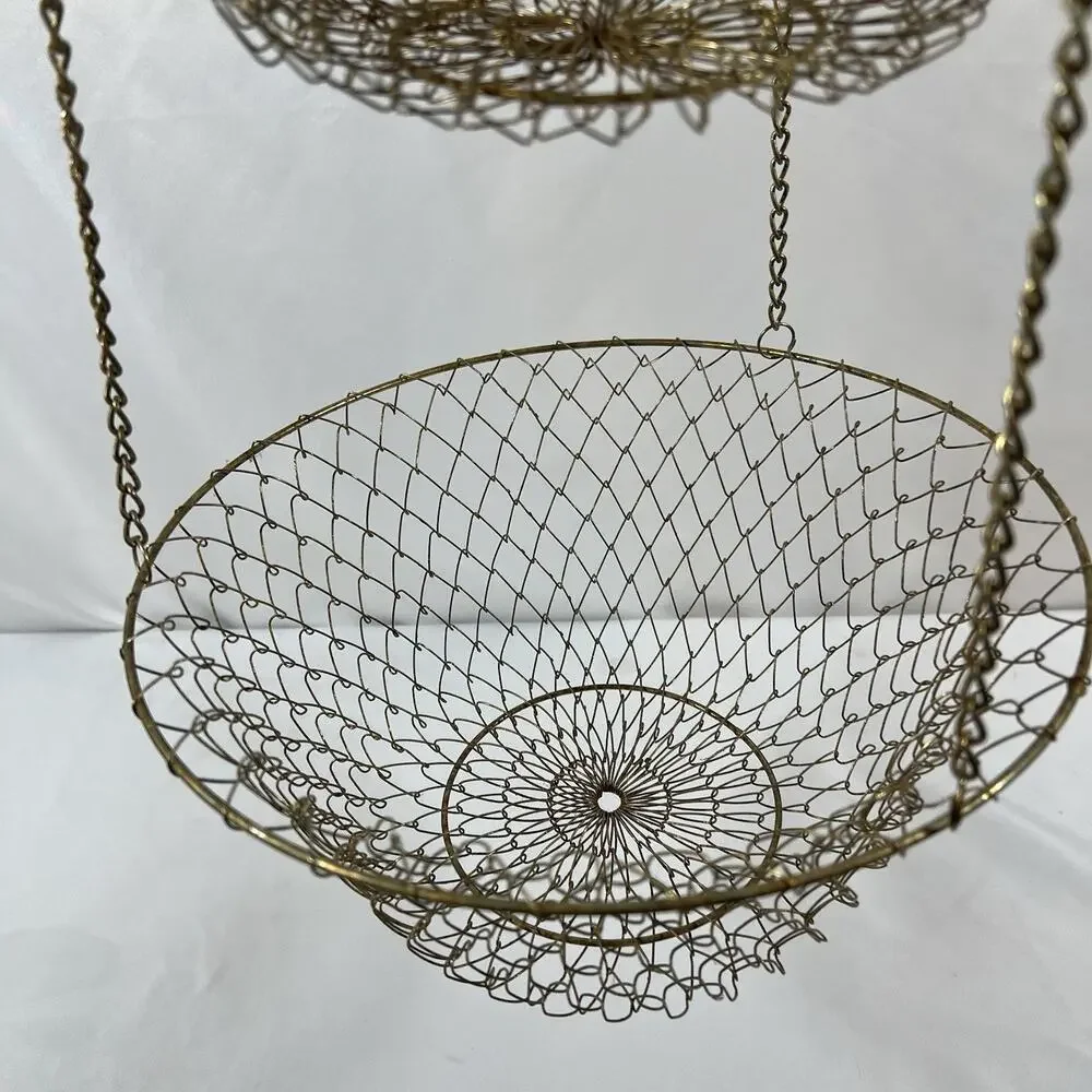 Vintage 3 Tier Distress Brass Gold Patina Metal Hanging Wire Fruit Basket